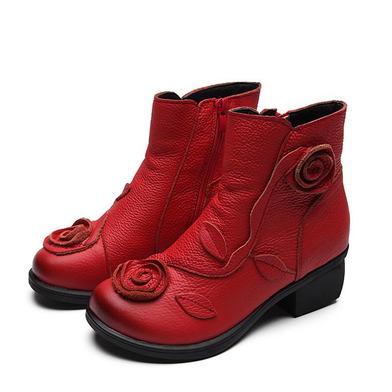 Autumn Winter Flower Women Boots Side Zipper Thick Heel Boots Shoes Woman Ankle Martin Boots