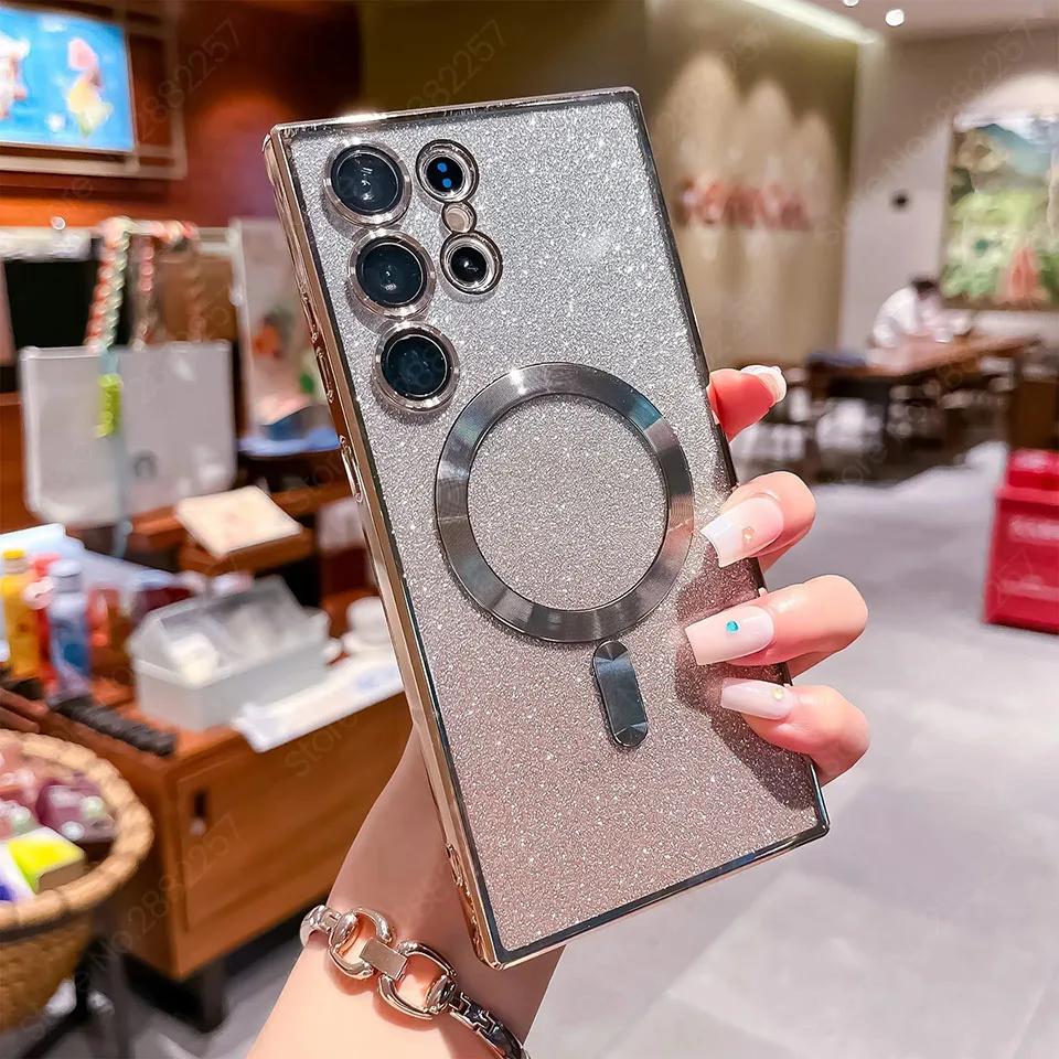 Glitter Luxury Magnetic Woman Case For Magsafe For Samsung Galaxy S26 S24 FE S23 S22 S25 Ultra Plus Wireless Charging Cover