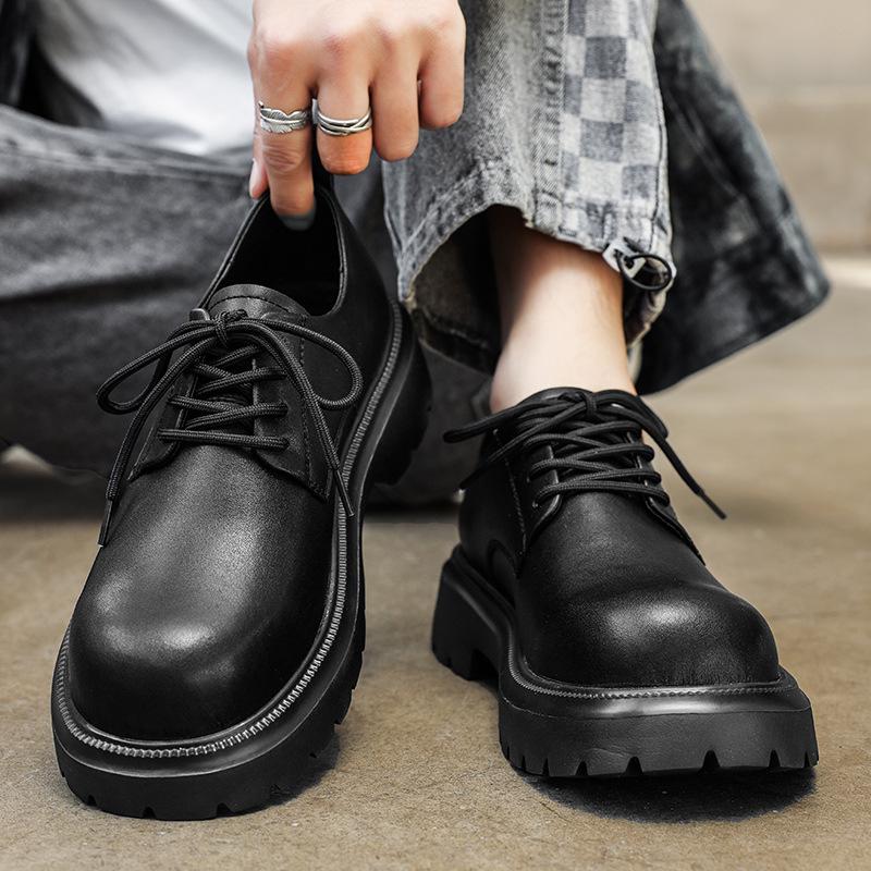 Derby Shoes Men's High-end Sense New Thick-soled Heightened Cowhide Leather Surface Casual Shoes Trendy Commuter Black Big Head Shoes