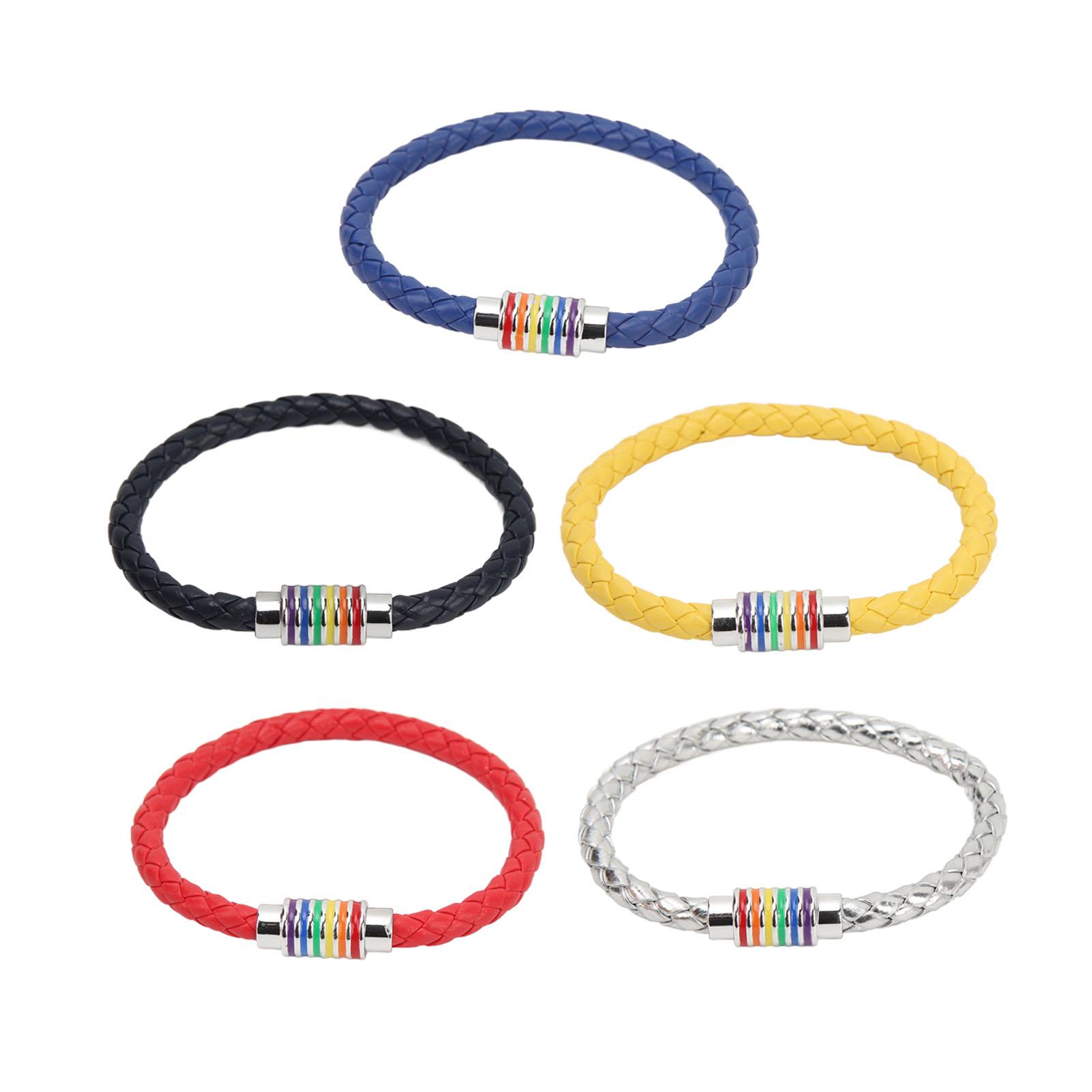 

Комплект из 5 плетеных браслетов красного, синего, серебристого, желтого, темно-синего цветов с магнитной застежкой, плетеные кожаные браслеты