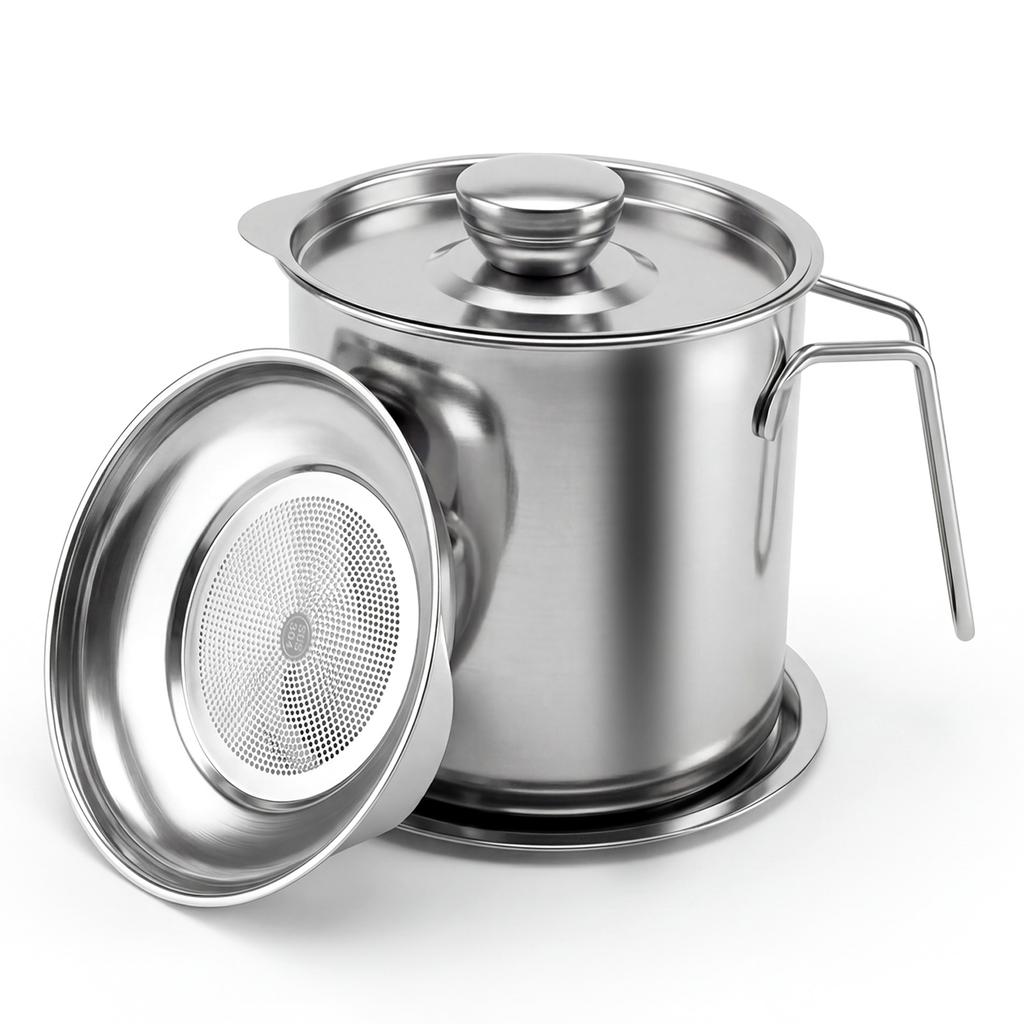 1.8 L /61 oz Fat Container Stainless Steel Oil Strainer Pot Container Jug with Filter Grease Fat Storage Can for Kitchen Cooking