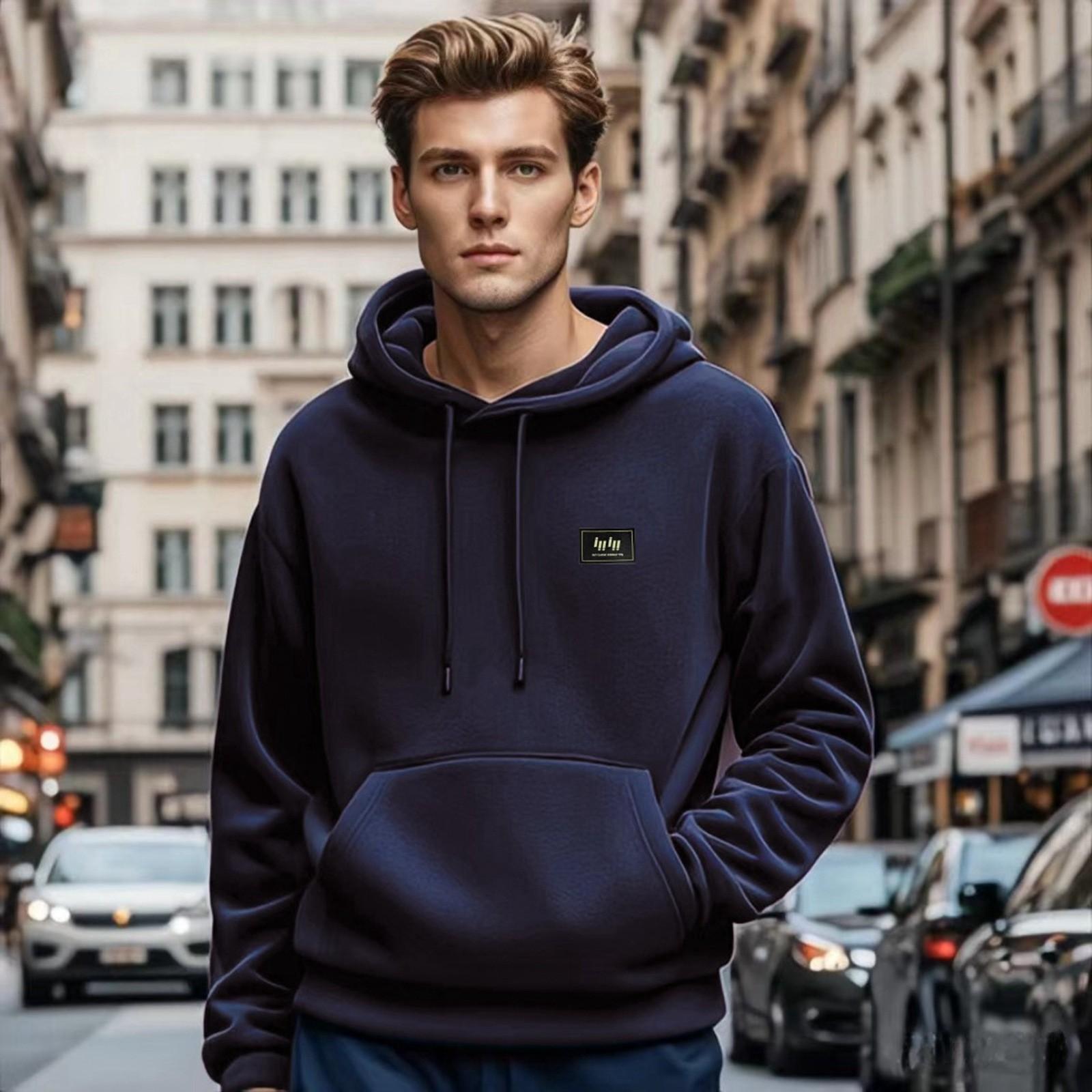 

Мужская однотонная повседневная толстовка с капюшоном и длинным рукавом с принтом XL тёмно-синий