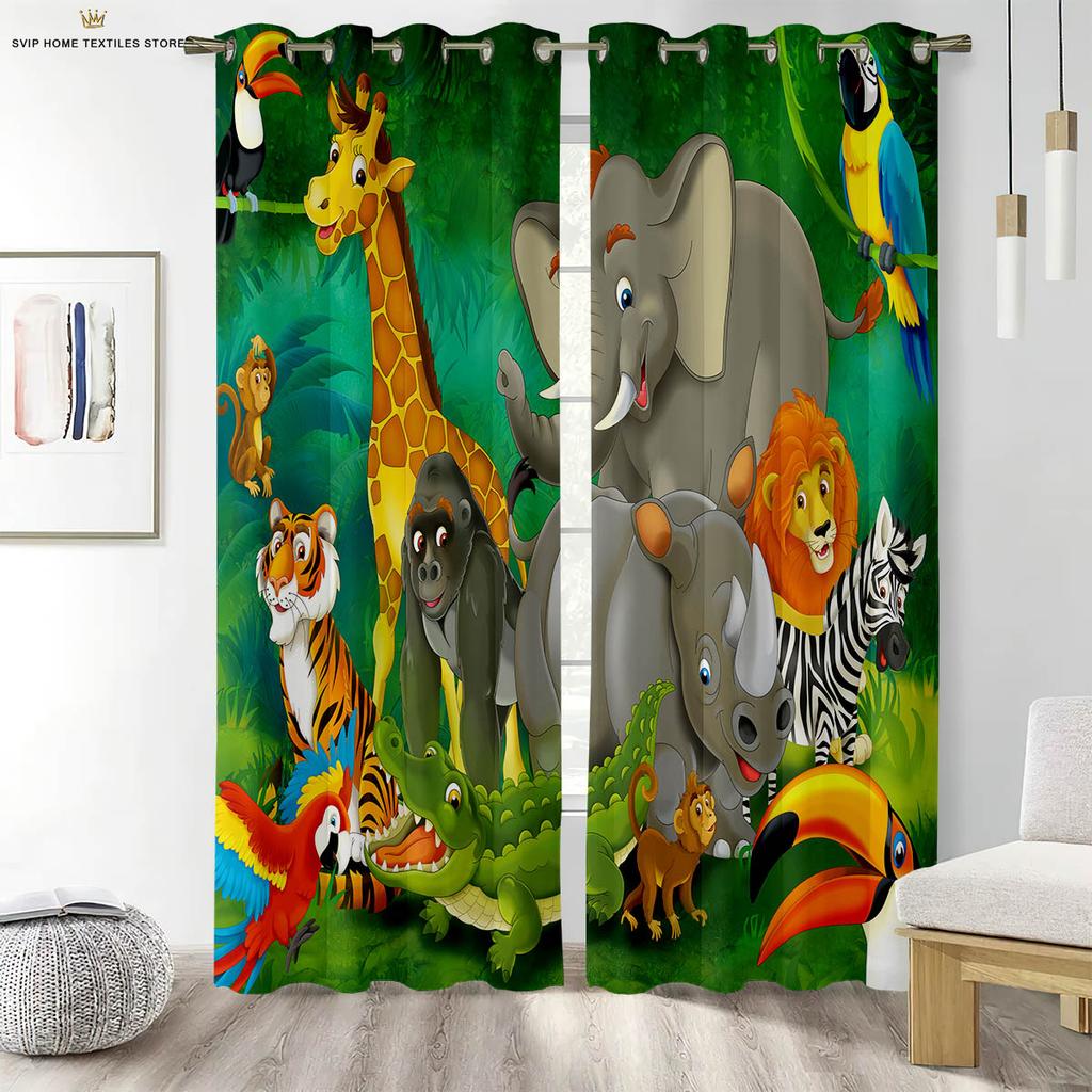 Cartoon Animal Forest Print Curtains For Children's Room Living Room Study Kitchen Decorative Curtains Easy To Wash And Care