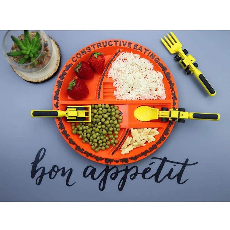 Interaktives Bulldozer & Bagger Kinderbesteck-Set - 3-teilig (Gabel, Löffel, Teller)