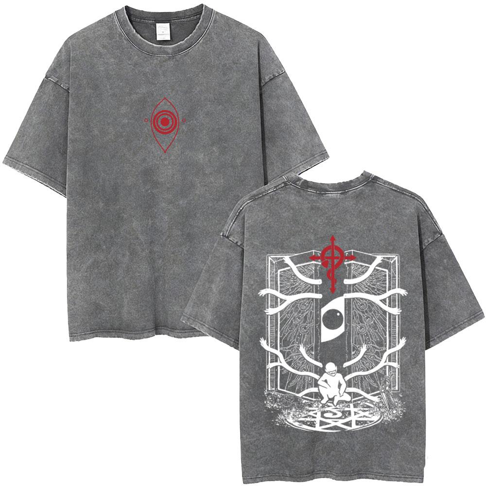 Camiseta Gráfica Lavada Vintage Anime Fullmetal Alchemist Edward Elric y Alphonse Elric para Hombre Mujer Manga Verano Retro Camisetas