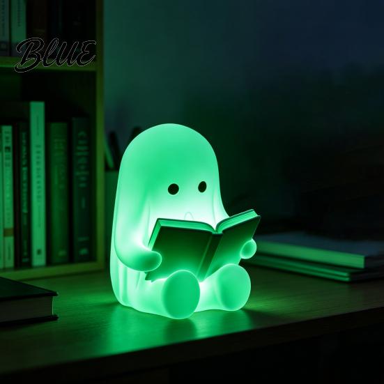 Halloween Desk Decoration Ghost Reading Book Figurine 3D Printed Cute Mini Sitting Luminous Figurine Statue for Bookshelf Desk Indoor Home