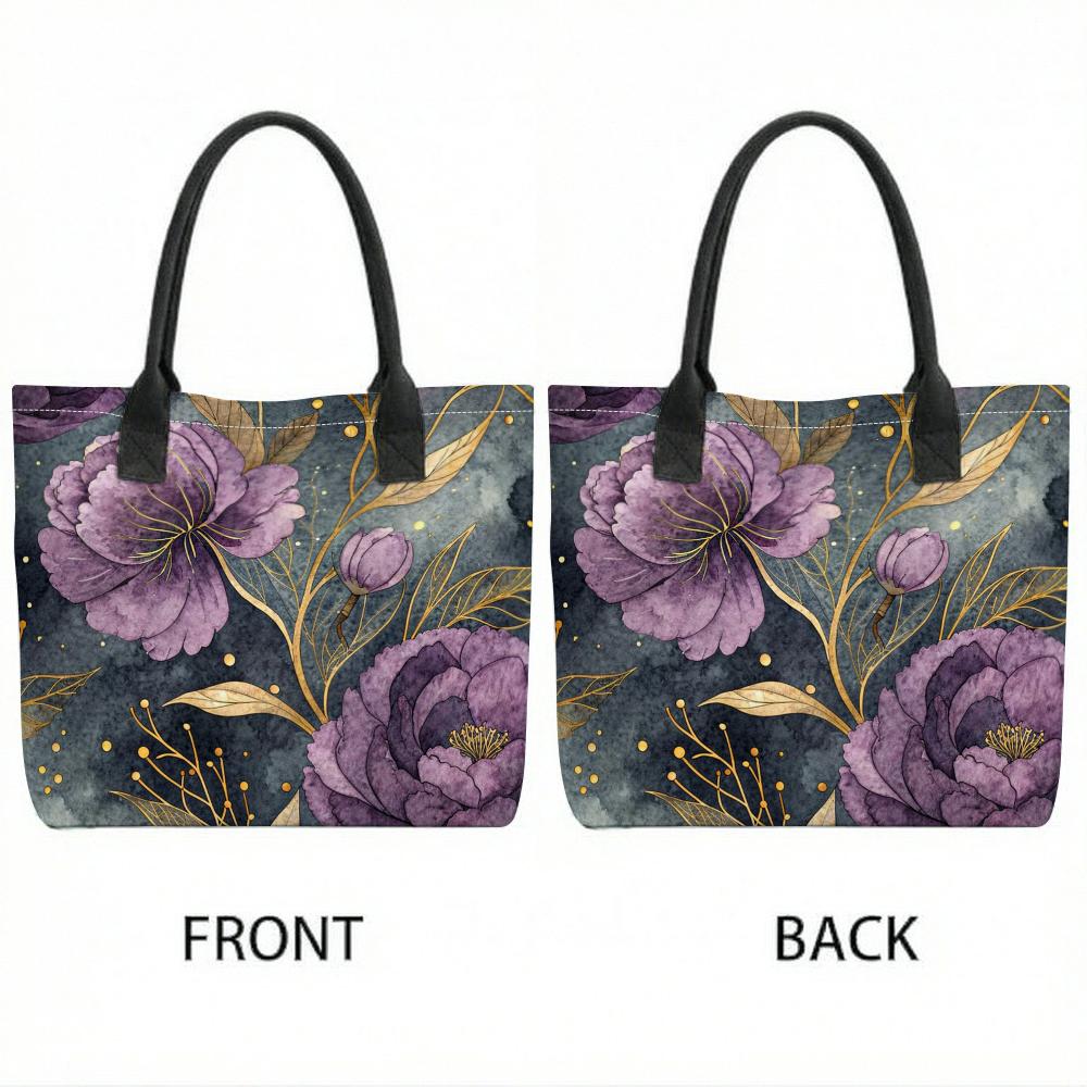 Vintage Purple Floral Print Women Tote Bag Large Capacity Casual Shoulder Handbag for Daily Commute