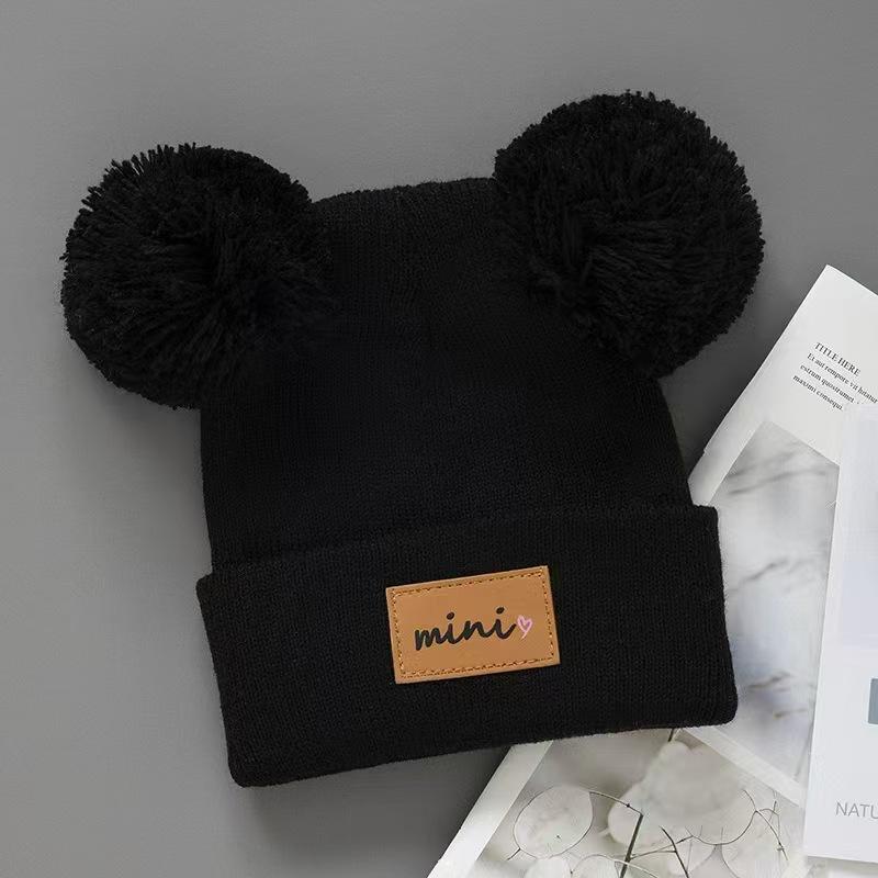 Children's bear ear hat baby cute cartoon double ball knitted velvet thickened windproof warm autumn and winter wool hat