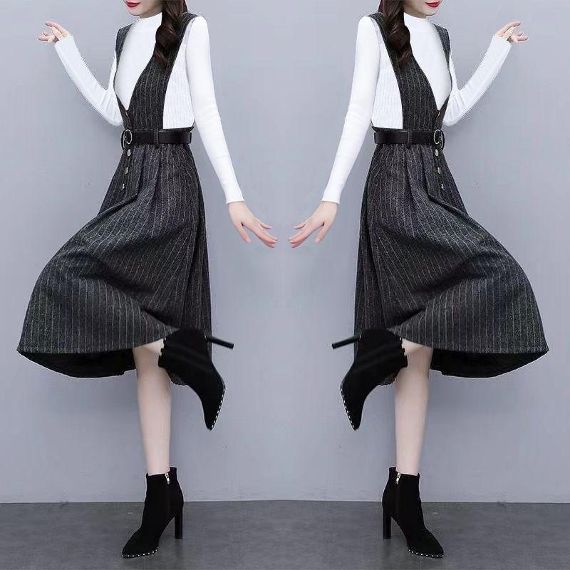 Autumn Winter Vintage Stripe Printing V-neck Tank Dress Black Bottoming Top Suit Female Casual Fashion Pullover T-shirt Robe Set