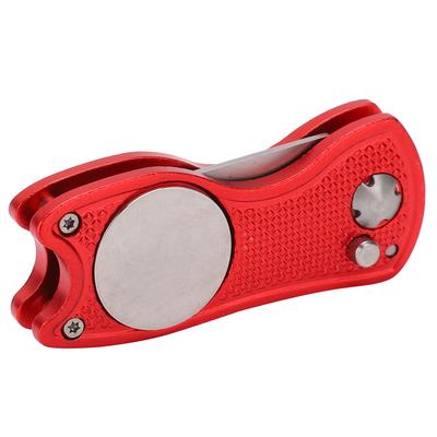 Golf Green Fork Stainless Steel Foldable Golf Divot Repair Tool with Button MagneticRed