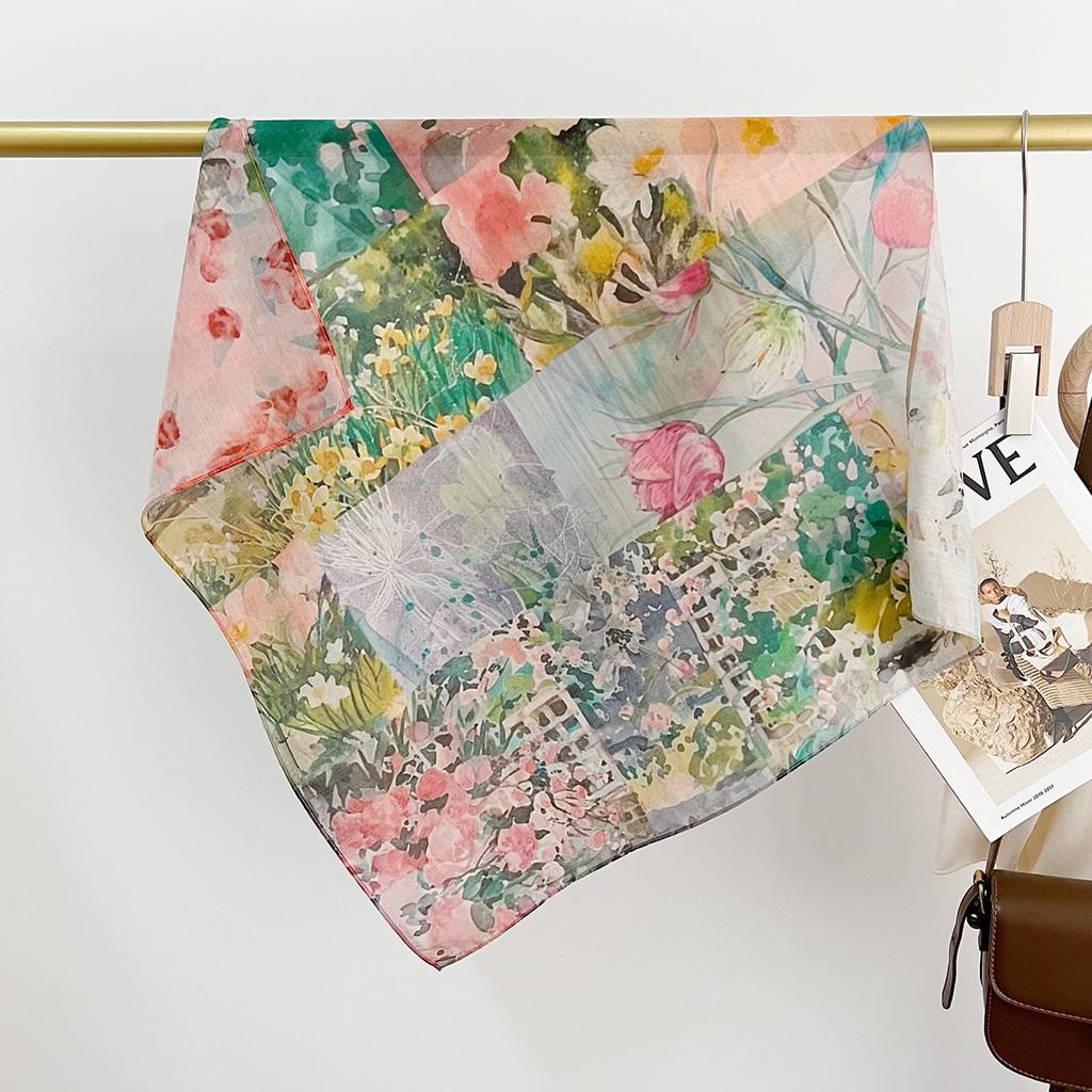Sommer Leicht Und Atmungsaktiv 65 * 65cm Kleines Quadratisches Tuch Modisches Ausländisches Stil Muster Maulbeerseide Baumwolle Mischgewebe Damen Seidentuch