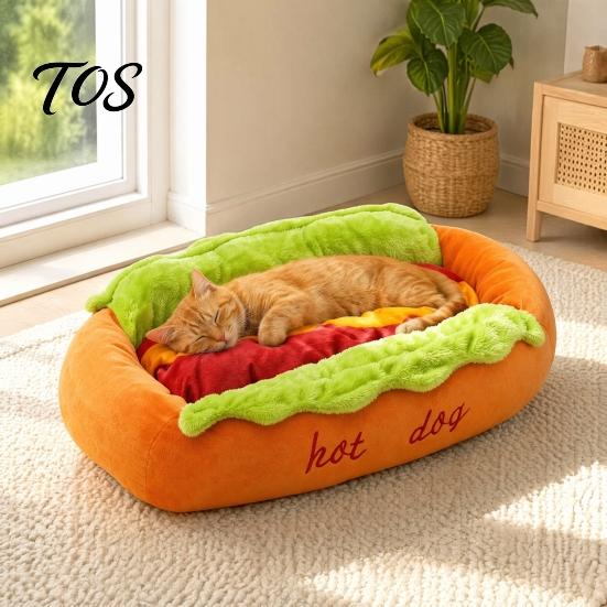Waschbares Katzenbett für kleine Hunde Hot Dog Bett, Süßes Gemütliches Kuschel-Bett mit Abnehmbarem Polster, Lustige Langlebige Haustiermöbel Zuhause Brötchen Plüsch Katzen Weiches Sofabett