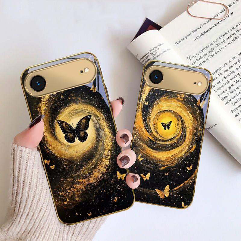 Vortex Black Butterfly For IPhone 17Pro Max 16 17 Pro 15 Pro 14 13 Plus 12 Mini 11Pro Max XR 16E 17 Air Golden Glass Phone Case