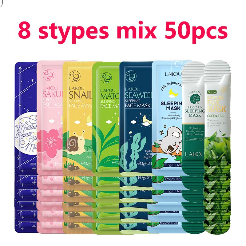 50PCS LAIKOU Matcha Moisturizing Sleeping Mask Facial Night Packs Smooth & Tender Skin Hydration Travel Bags Face Skin Care