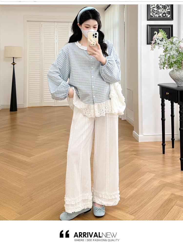 Mori Style Maternity Plaid Lace Top & Wide-Leg Pants Set (Two-Piece)