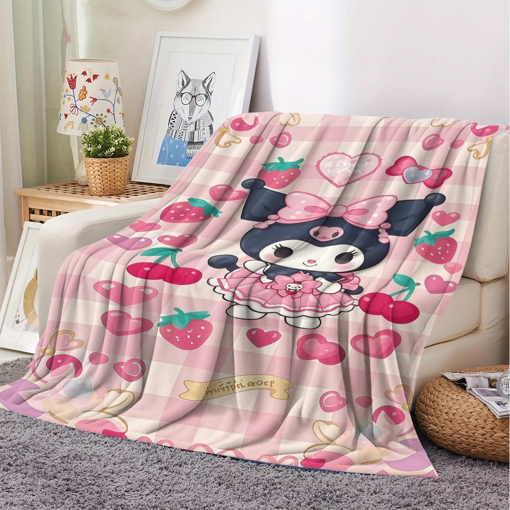 Hot Sale Kuromi Pink Plaid Sweet Blanket Cute Strawberry Cherry Heart Pattern Flannel Plush Throw for Home Decor Bed Sofa Office