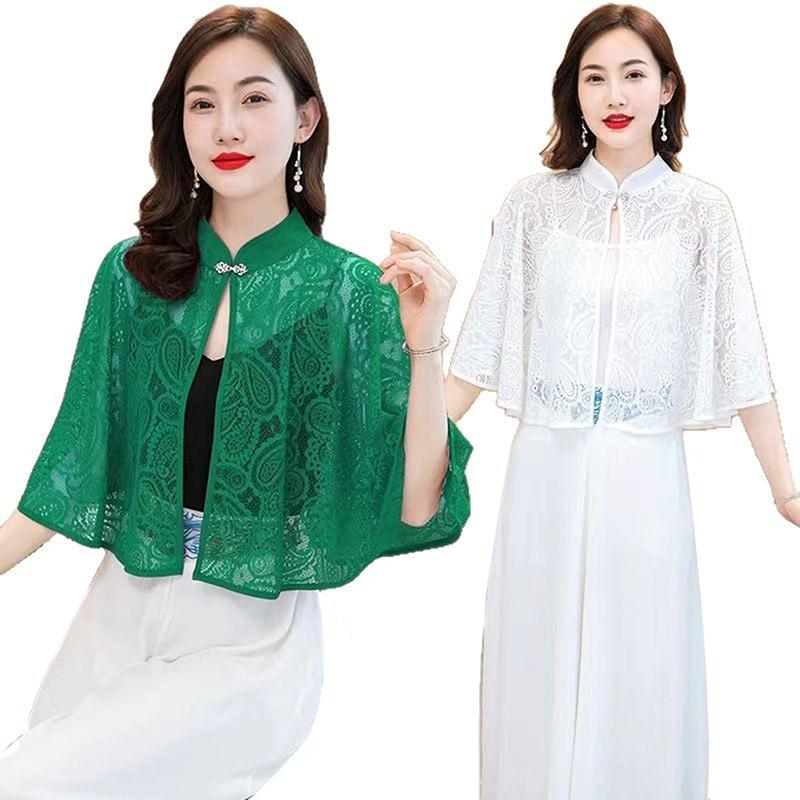 Spring Summer Shawl Coat Thin Scarf Long Sleeve Lace Temperament Cardigan Outwear Shoulder False Collar Out All-Match Ponchos