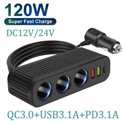 120W სწრაფი დამტენი მანქანის დამტენის სოკეტი სანთებელა ადაპტერი 12V-24V PD QC3.0 ინტელექტუალური სწრაფი დამუხტვა TYPE-C ორმაგი USB მანქანის დამტენი დენის ადაპტერი შტეფსელი