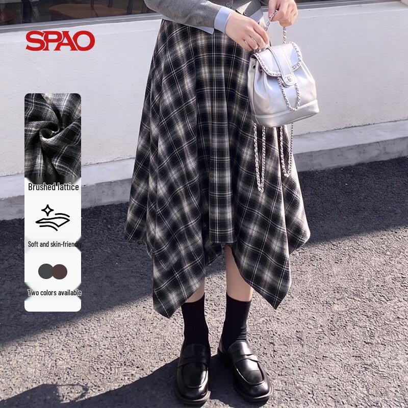 SPAO Korean Style High-Waisted Plaid A-Line Midi Skirt