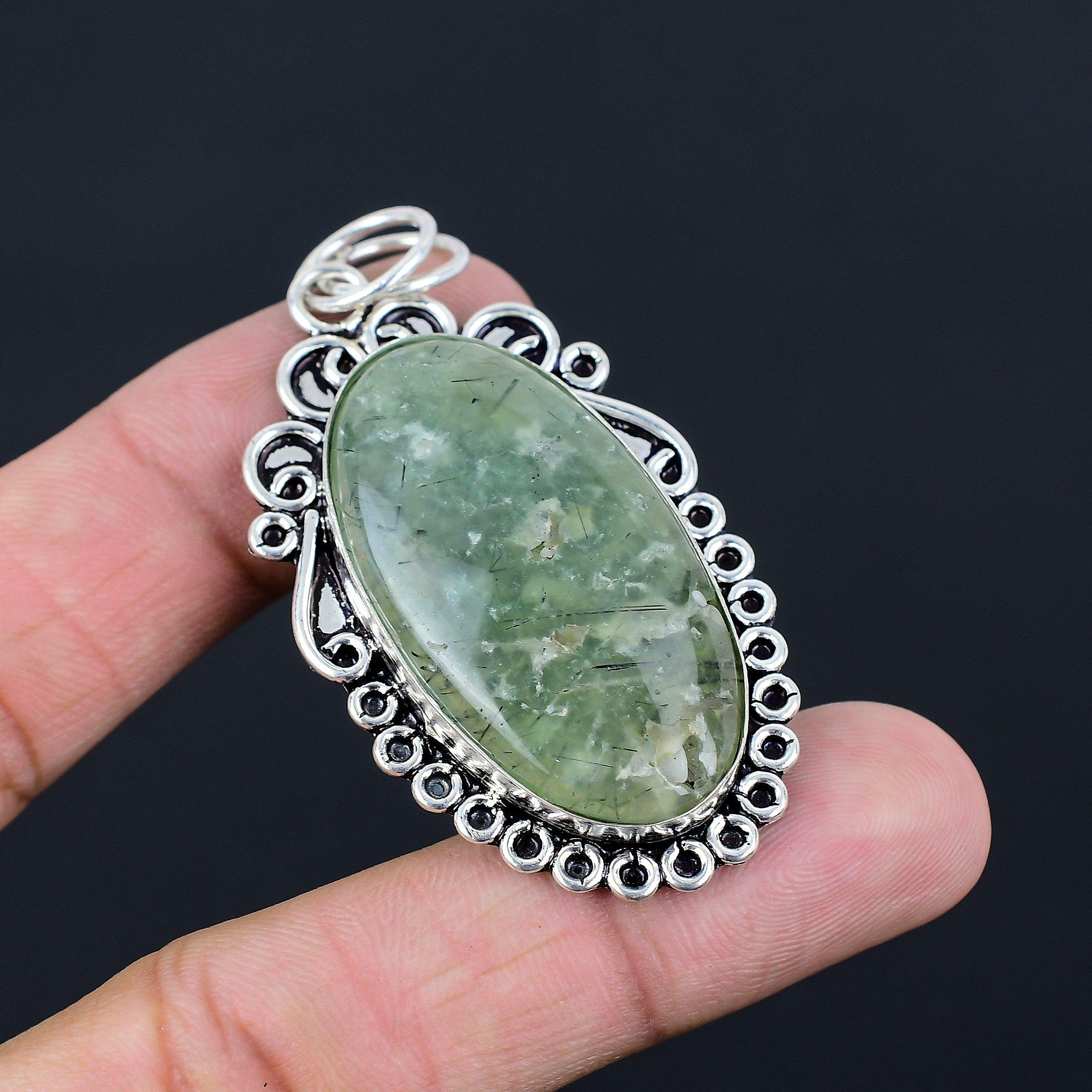 

Gift For Women Pendant 925 Sterling Silver Natural Moss Moss Prehnite Gemstone