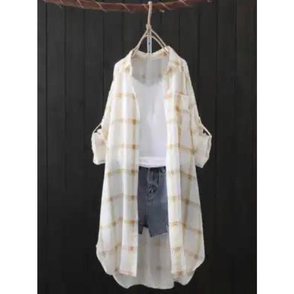 Women's Point Collar Long Sleeve Plaid Blouse Loose Fit Casual Cotton Tunic Shirt Outerwear