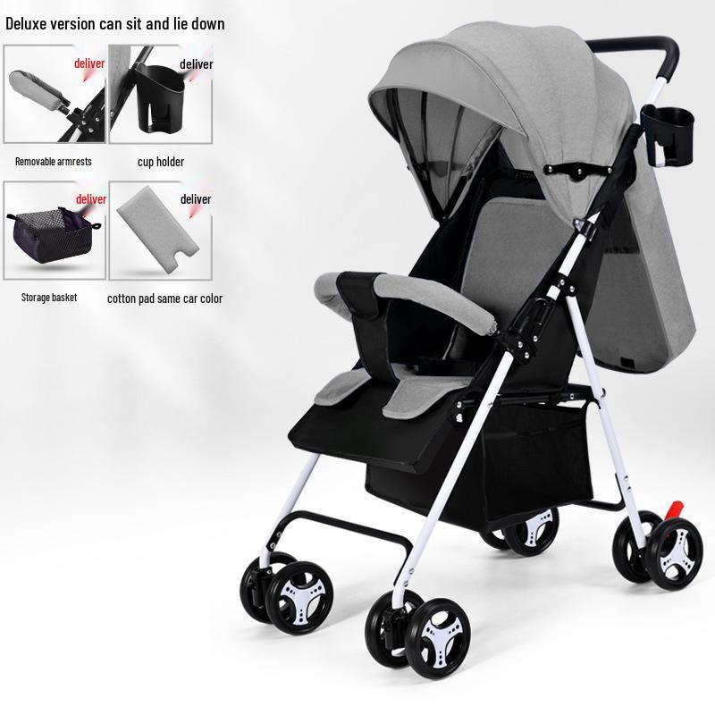 Lightweight Foldable Baby Stroller, Four-Wheeled, Convertible for Sitting or Lying, One-Button Fold Portable Design