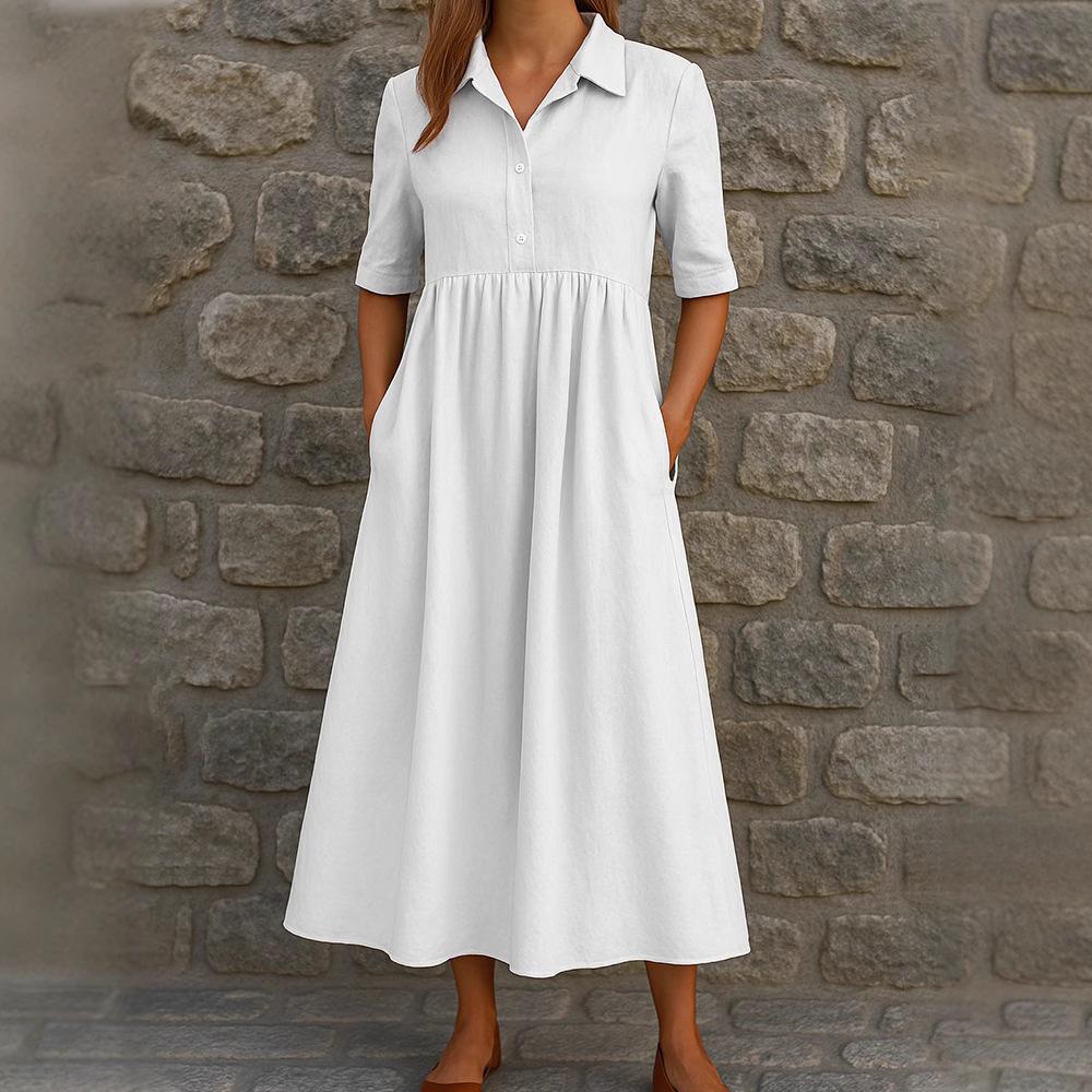 Women's Casual Button-Down Shirt Dress with Pockets, Loose Fit, Pleated Hem, Short Sleeve