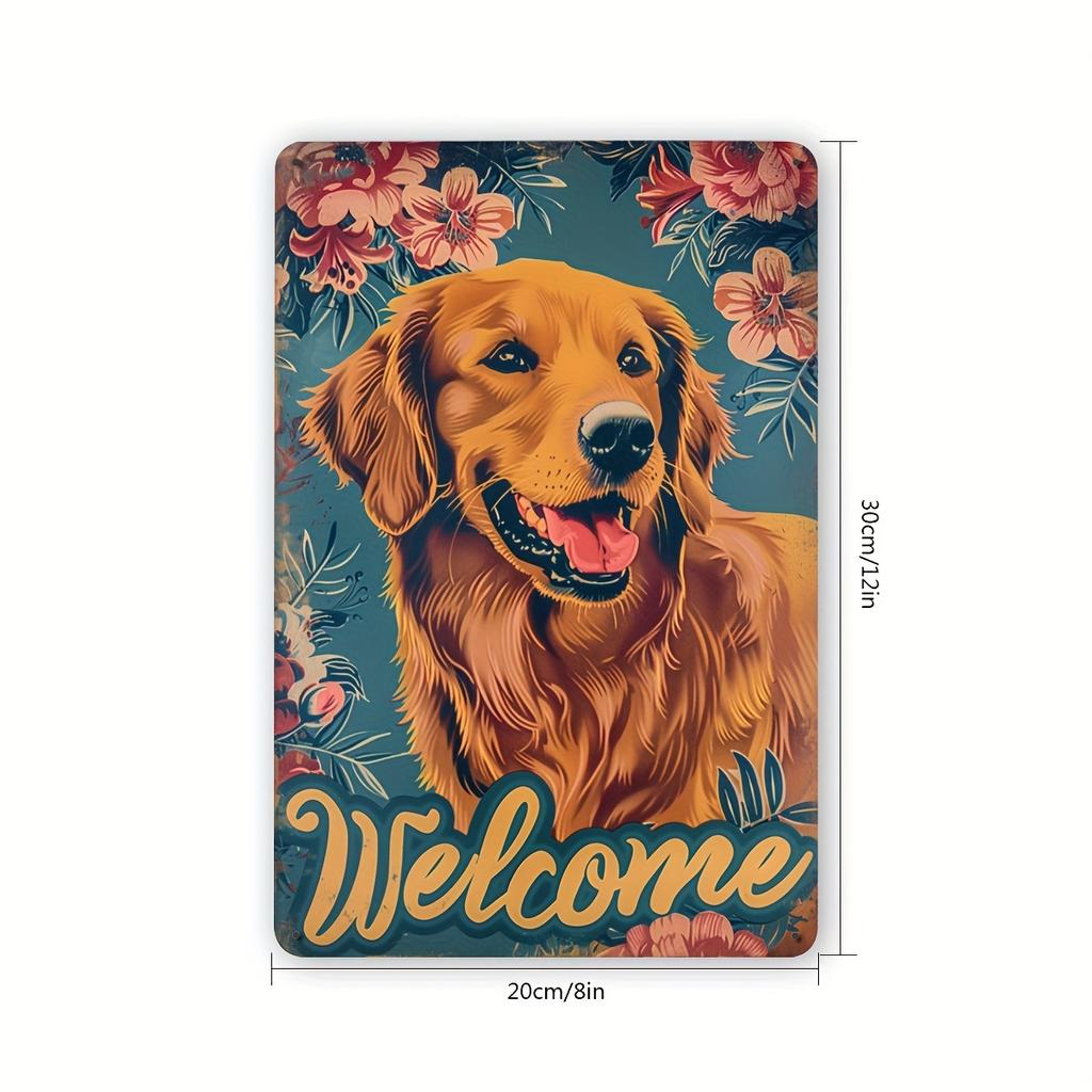 1pc Vintage Golden Retriever Dog Welcome Sign, Iron Metal Tin Wall Art, Floral Background, Home & Garden Decor, Cafe Bright Warm