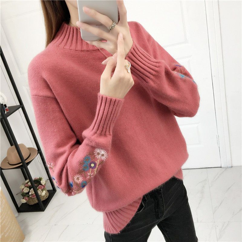 Embroidered Knit Sweater Women's Autumn and Winter Half-high Collar Pullover Embroidered Loose Thick Sweater Bottoming Shirt