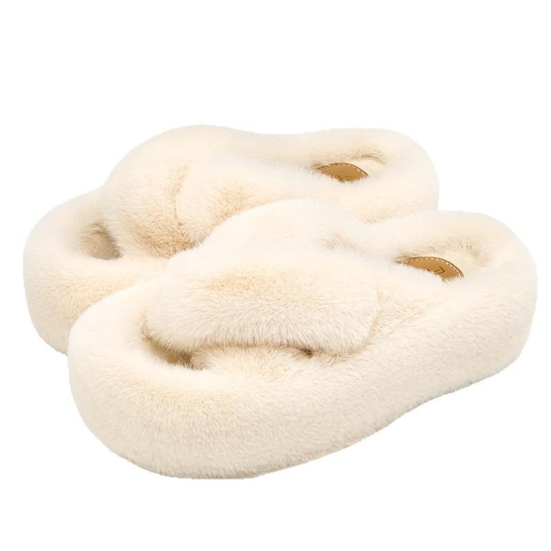 Crossed fluffy slippers women's outer wear new indoor home thick-soled fluffy plush shoes autumn and winter models