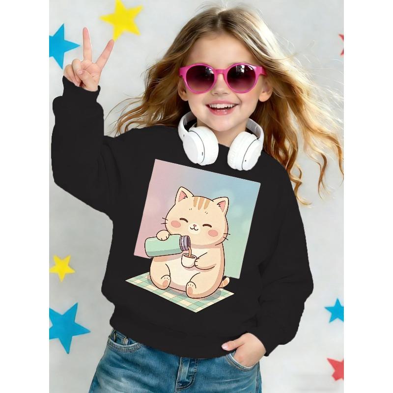 Kids Loose Crewneck Sweatshirt, Cute Cartoon Cat Print Trendy All-Match Long Sleeve Top for Spring Autumn