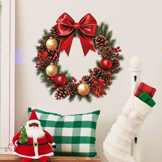 Christmas Stickers Wreath Wall Decals Red Bow Pinecone Patterns Stickers Removable PVC Holiday Decor for Living Room Bedroom Office