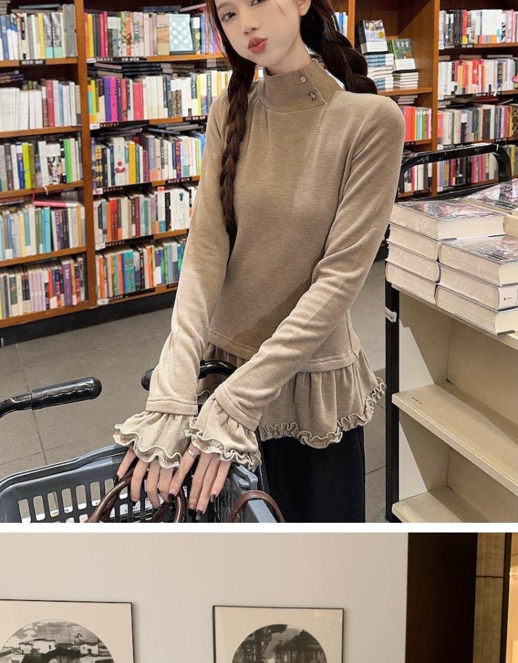Korean Style Slimming Ruffle Turtleneck Women's T-Shirt for Autumn/Winter