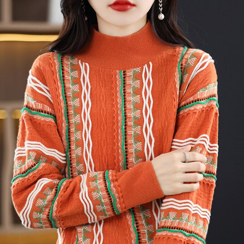 

Жаккардовый свитер с длинными рукавами в тон, легкая роскошь и западная основа, новый вязаный полувысокий воротник, универсальный шерстяной свитер для женщин