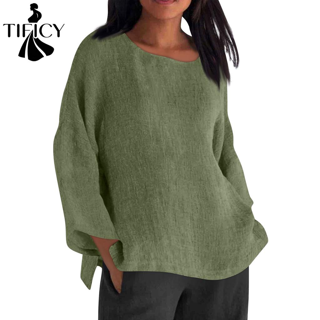 TIFICY Women's Fashion Casual Spring Autumn Solid Color Print Long Sleeve O-Neck Blouses & Shirts