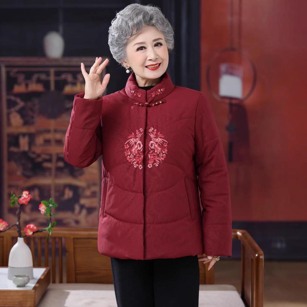 Women's Fleece Embroidered Cotton Jacket: Grandma's Thick, Warm Chinese-Style Coat for Winter