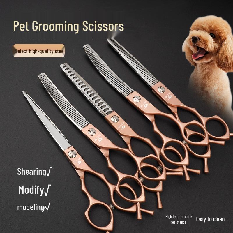 Rose Gold 6.5" Double Tail Pet Grooming Scissors with Curved Tip & Straight Tooth for Cats & Dogs.