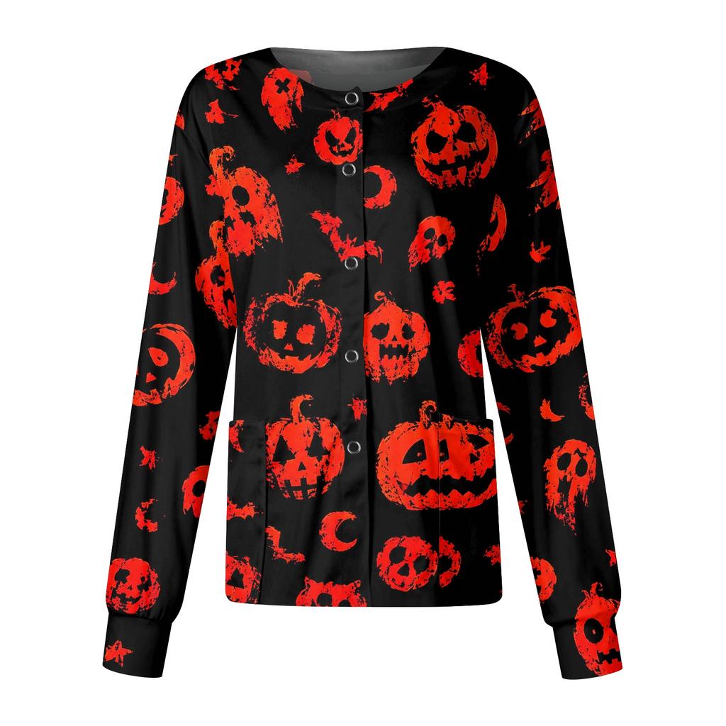 Women's Halloween Print Casual Long Sleeve Single Breasted Caregiver Cardigan Top Lightweight Comfortable Fit