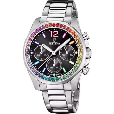 Rainbow Chronograph Crystal Accents Stainless Steel Black Dial Quartz F20606-3 100M Women's Watch