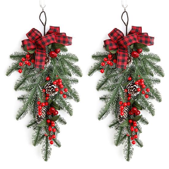 Christmas Teardrop Swag Wreath Artificial Pine Branch Teardrop Swag with Pine Cone Red Berry And Plaid Bow for Winter Front Door Wall Staircase