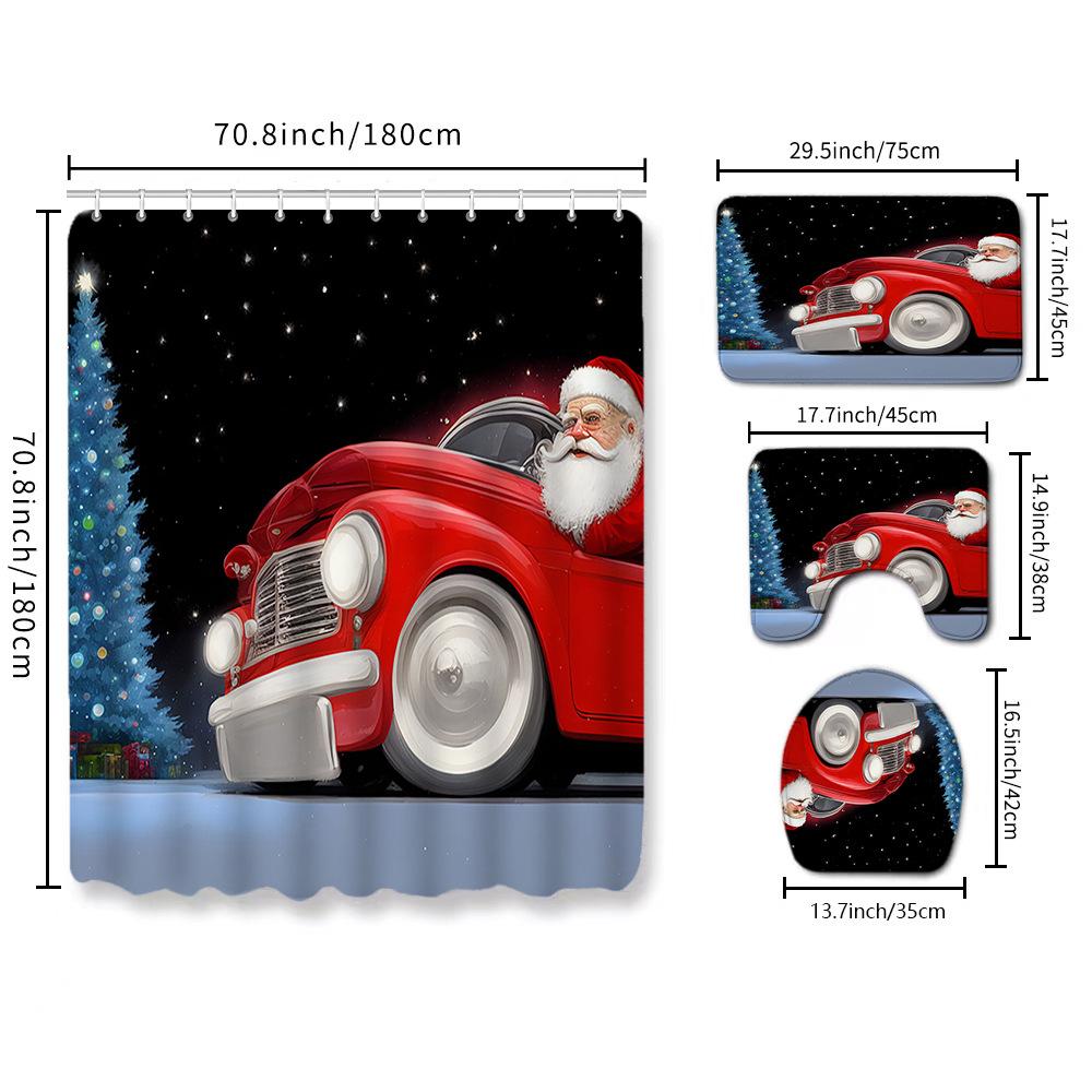 Christmas Toilet Cover Shower Curtain Floor Mat Set Santa Carpet Door Mat Foot Mat Non-Slip Mat