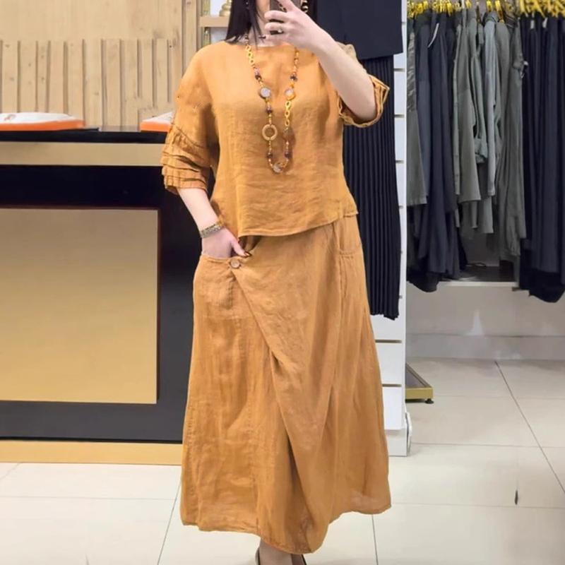 Casual O Neck Top Pullover A-Line Skirts Cotton Linen Set Woman 2 Pieces Half Sleeve Loose Outfit Spring Vintage Suit Harajuku