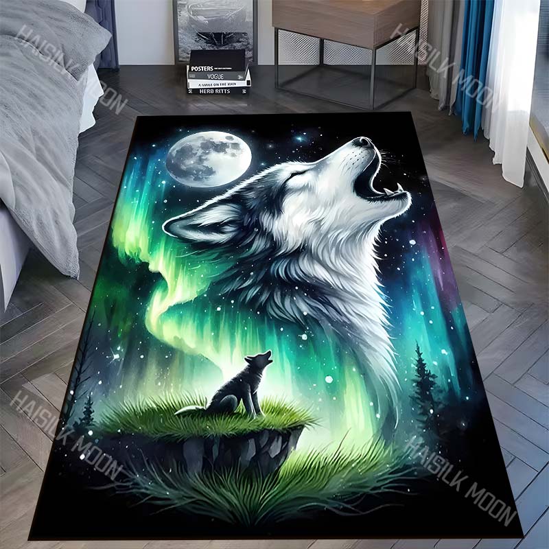 

1PC Howling wolf moonlit aurora forest Carpet for Living Room Bedroom Sofa Home Decor Rus Non-slip Floor Mat Luxury Gift 40x60cm