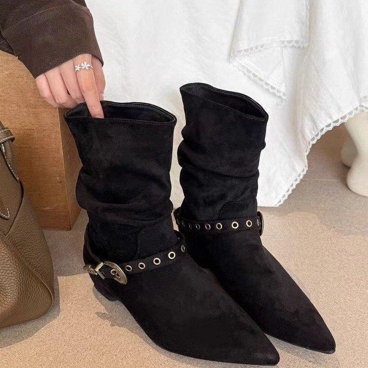 Autumn atmosphere! Maillard brown pointed belt buckle inner booties 2025 autumn and winter small single boots 40
