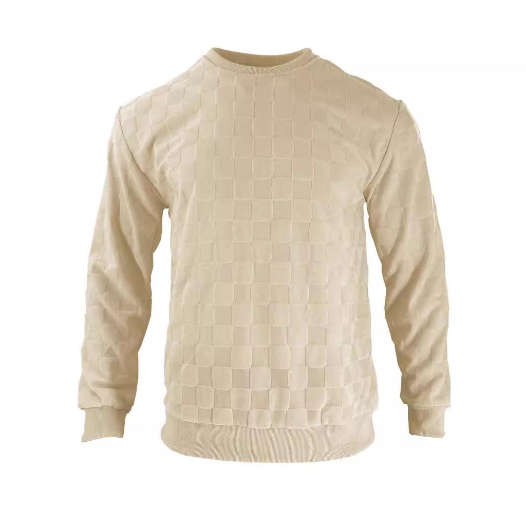 Fashion-forward men's relaxed-fit terry-embroidered checkered long-sleeved crew-neck sweatshirt
