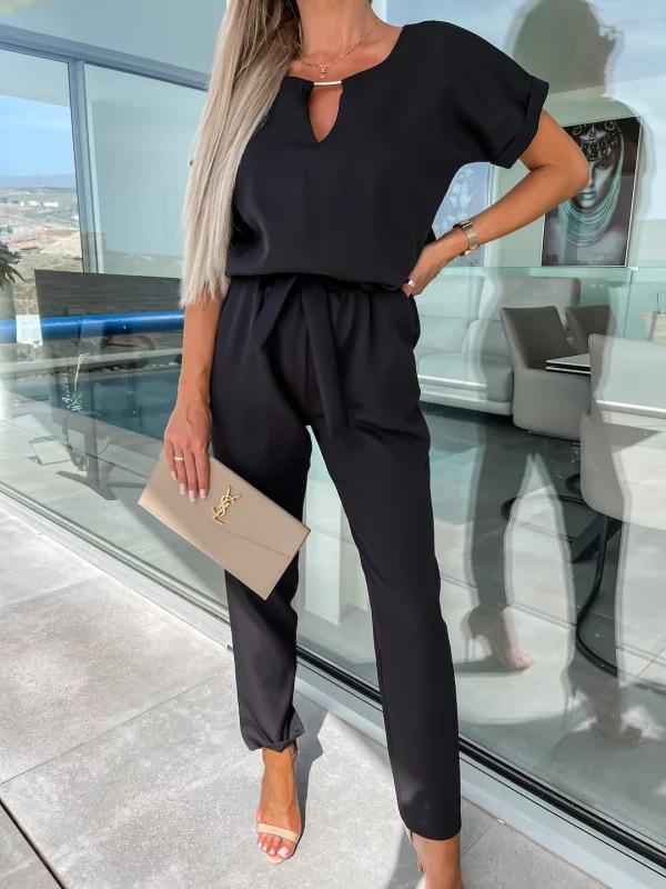 INS Summer V-neck Short Sleeve Elastic Waist Jumpsuit with Patch Pockets for Women