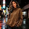 Warm Fall Clothing Women Leopard Print Sweatshirt, Mock Neck Long Sleeve Pullover with Sweatshirt Kangaroo Pocket, Drop Shoulder Casual Top for Winter