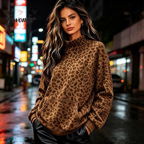 Warm Fall Clothing Women Leopard Print Sweatshirt, Mock Neck Long Sleeve Pullover with Sweatshirt Kangaroo Pocket, Drop Shoulder Casual Top for Winter