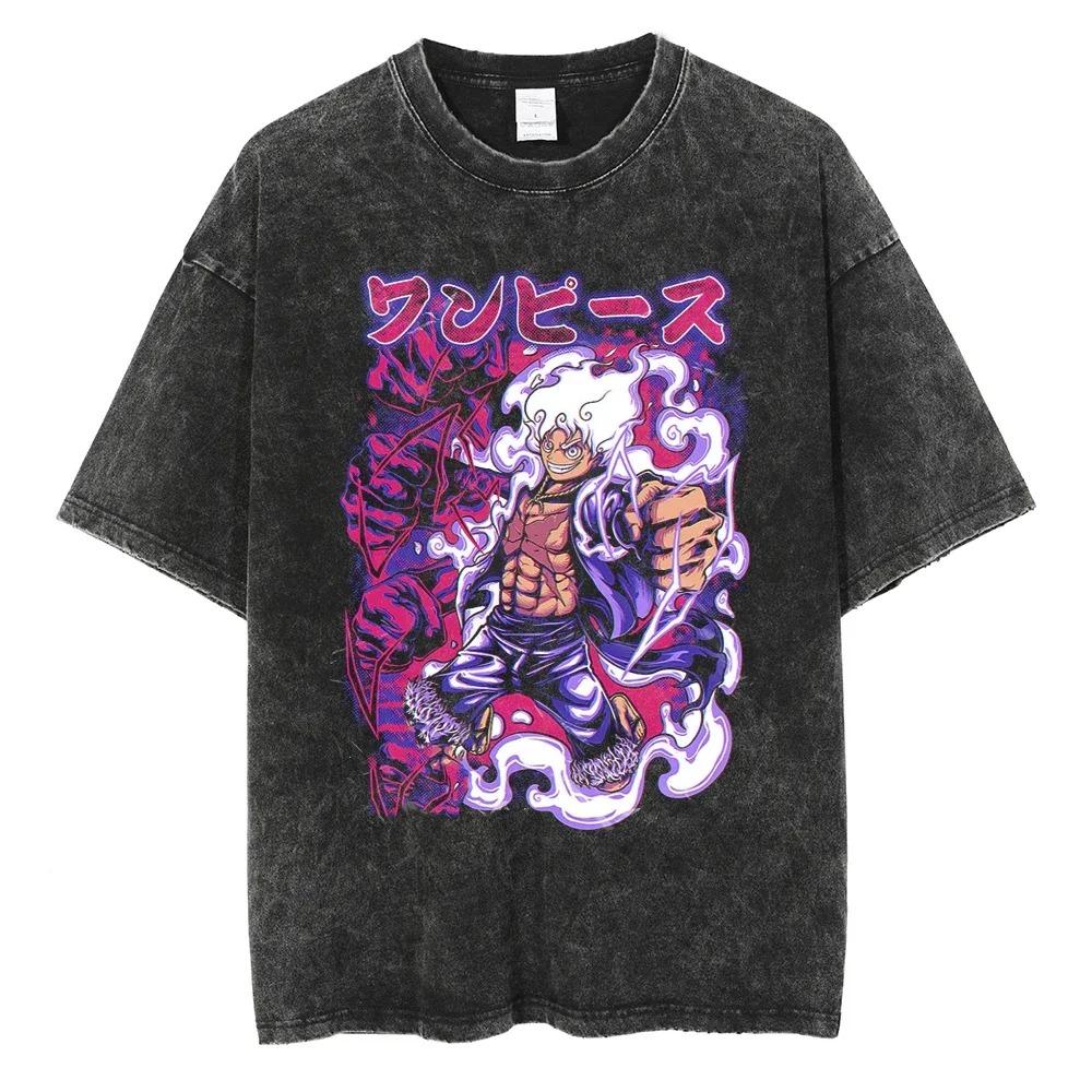 One Piece Monkey D. T-shirt Oversize con Stampa Anime Lavaggio Vintage Snakeman Gear 4 di Luffy | Top Streetwear Unisex