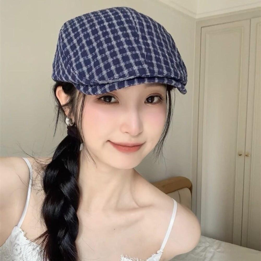 Korean Style Plaid Berets Forward Cap Painter Hat Retro Newsboy Caps  Student